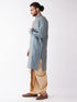 Vastramay Men's Aqua Blue Silk Blend Kurta And Gold Dhoti Set